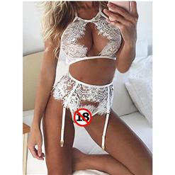 Sexy White Halter Hollow Out Lace Lingerie Bra Panty Set with Garter N17387