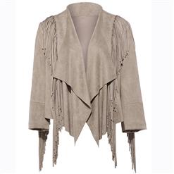 Women's Fashion Apricot Long Sleeve Tassel Jacket N15701