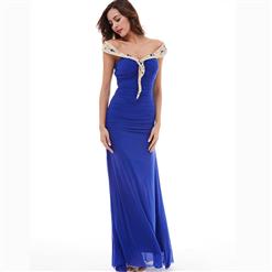 Women's Blue Sleeveless Off Shoulder Beaded Ruffle Sheath Evening Dress N15744