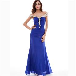 Women's Blue Sleeveless Off Shoulder Beaded Ruffle Sheath Evening Dress N15744