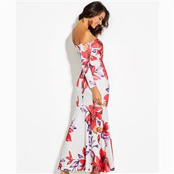 Women's Long Sleeve Off Shoulder Flower Print Maxi Dress N15568