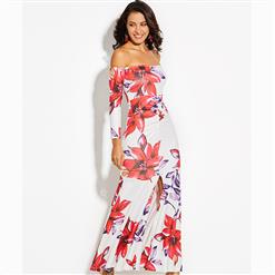 Women's Long Sleeve Off Shoulder Flower Print Maxi Dress N15568