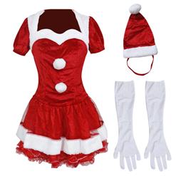 Sexy Santa Girls Red Swetheart Neckline Puff Sleeves Mini Multilayer Dress Christmas Costume XT18369