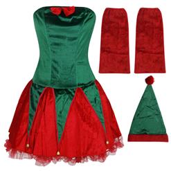 Sexy Santa Girls Red Green Overbust Sleevelees Lace-up Christmas Costume with Legs Set XT18370