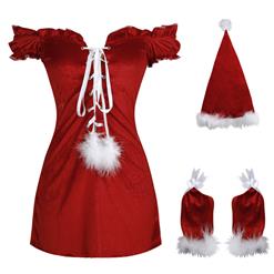 Women's Sexy Santa Girl Red Off-shoulder Ruffles Mini Dress Christmas Costume XT18374