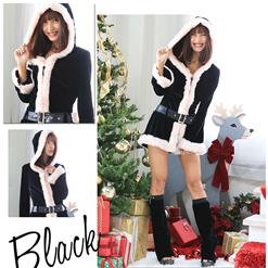 Sexy Women's Christmas Black Hooded Long Sleeves Velvet Mini Dress XT18627