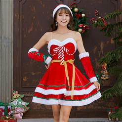 4pcs Women's Candy Cane Sweetheart Bodice Santa Girl Mini Dress Christmas Costume XT19994