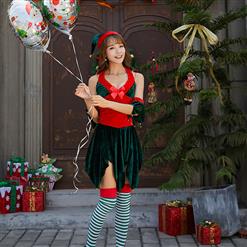 4pcs Sexy Red And Green Halter Deep V-neck Backless Leaf Cutting Christmas Costume XT9883