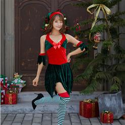 4pcs Sexy Red And Green Halter Deep V-neck Backless Leaf Cutting Christmas Costume XT9883