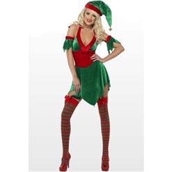 Green Leaf Cutting Dress, Sexy Halter Deep-v Backless Christmas Costume, Comfortable Sleeveless Velvet Dress,  #XT9883