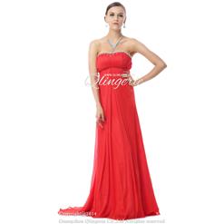 Charming Red A-line Strapless Empire Chiffon Hot Drilling Long Prom Dresses Y30029
