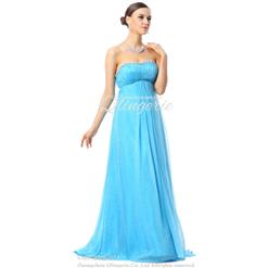 Charming Blue A-line Strapless Empire Chiffon Hot Drilling Long Prom Dresses Y30030