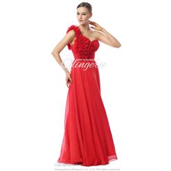 Exclusive Red A-line One-shoulder Nipped Waist Flowers Floor-Length Prom Dresses Y30031