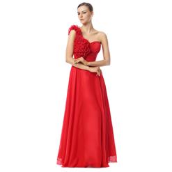 Exclusive Red A-line One-shoulder Nipped Waist Flowers Floor-Length Prom Dresses Y30031