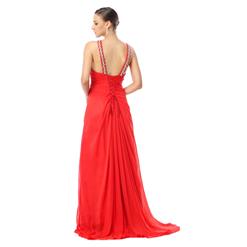 Stunning Red Jewel V-Neck Straps Crystal Chiffon Floor-Length Evening Dresses Y30036