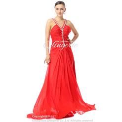 Stunning Red Jewel V-Neck Straps Crystal Chiffon Floor-Length Evening Dresses Y30036