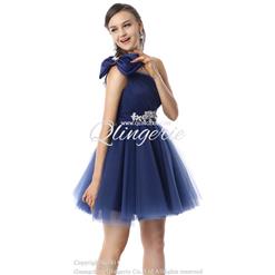 2018 Courtlike Dark-Blue A-line One-shoulder Appliques Beading Short Prom/Sweet 16 Dresses Y30037