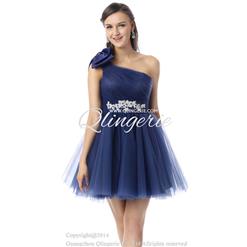 2018 Courtlike Dark-Blue A-line One-shoulder Appliques Beading Short Prom/Sweet 16 Dresses Y30037