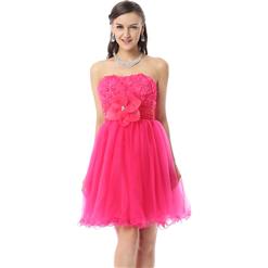 2015 Pretty Hot-Pink A-line Strapless Empire Lace Flowers Mesh Knee-Length Sweet 16 Dresses Y30038