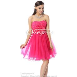 2018 Pretty Hot-Pink A-line Strapless Empire Lace Flowers Mesh Knee-Length Sweet 16 Dresses Y30038