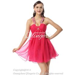 2018 Sexy Hot-Pink A-line Jewel Neck Empire Waist Beading Chiffon Mini Cocktail Dresses Y30065