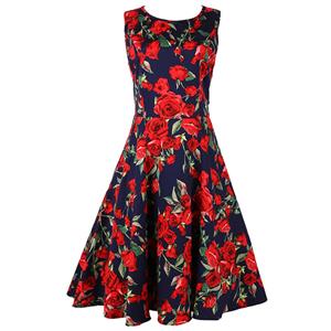 1950's Vintage Retro Rose Floral Print Party Cocktail Tea Dress N11920