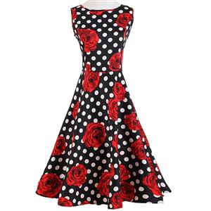 1950's Vintage Retro Polka Dot Rose Floral Print Party Cocktail Tea Dress N11921