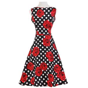 1950's Vintage Retro Polka Dot Rose Floral Print Party Cocktail Tea Dress N11921