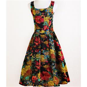 1960's Vintage Rockabilly Floral Print Swing Dress N11913