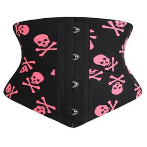 Steel Boned Underbust Corset, Sexy Pink Skulls Print Corset, Waist Training Cincher Corset, Halloween Underbust Corset, Latex Corset, Plus Size Corset, Fashion Steel Boned Waist Trainer, Steel Boned Body Shaper, #N23404