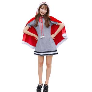 2pcs Women's Cute Short Sleeve Mini Plaid Skirt and Red Velvet Hooded Shawl Christmas Costume N19474