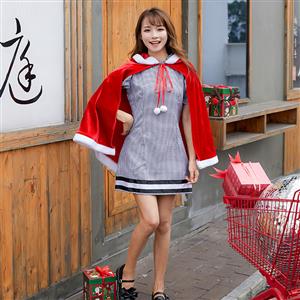 2pcs Women's Cute Short Sleeve Mini Plaid Skirt and Red Velvet Hooded Shawl Christmas Costume N19474