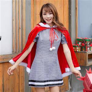 2pcs Women's Cute Short Sleeve Mini Plaid Skirt and Red Velvet Hooded Shawl Christmas Costume N19474