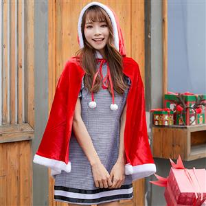 2pcs Women's Cute Short Sleeve Mini Plaid Skirt and Red Velvet Hooded Shawl Christmas Costume N19474
