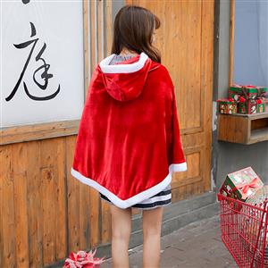 2pcs Women's Cute Short Sleeve Mini Plaid Skirt and Red Velvet Hooded Shawl Christmas Costume N19474