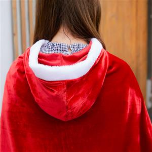 2pcs Women's Cute Short Sleeve Mini Plaid Skirt and Red Velvet Hooded Shawl Christmas Costume N19474