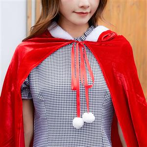 2pcs Women's Cute Short Sleeve Mini Plaid Skirt and Red Velvet Hooded Shawl Christmas Costume N19474