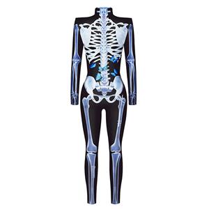 Scary Blue Bone 3D Digital Printed Unitard Skeleton High Neck Bodysuit Halloween Costume N22319