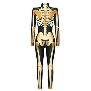 Scary Gold Bone 3D Digital Printed Unitard Skeleton High Neck Bodysuit Halloween Costume N22318