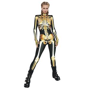 Scary Gold Bone 3D Digital Printed Unitard Skeleton High Neck Bodysuit Halloween Costume N22318