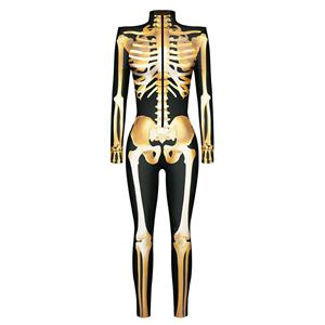 Scary Gold Bone 3D Digital Printed Unitard Skeleton High Neck Bodysuit Halloween Costume N22318