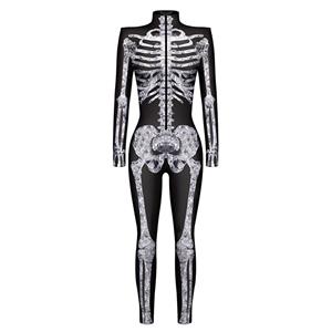 Horrible Skull Printed Jumpsuit, Halloween Skeleton High Neck Slim Fit Bodysuit, Halloween Bodycon Jumpsuit, Long Sleeve High Neck Jumpsuit, Halloween Skeleton Jumpsuit for Women, #N22317