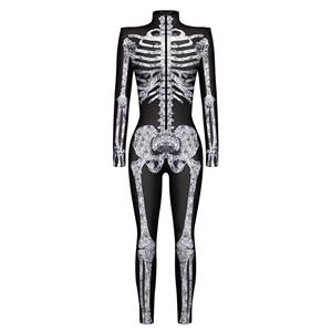 Scary Grey Bone 3D Digital Printed Unitard Skeleton High Neck Bodysuit Halloween Costume N22317