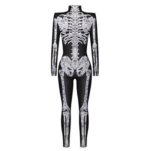 Scary Grey Bone 3D Digital Printed Unitard Skeleton High Neck Bodysuit Halloween Costume N22317