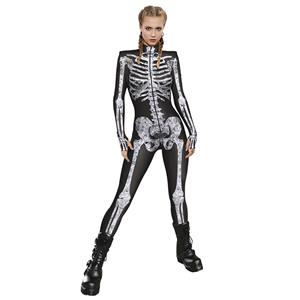 Scary Grey Bone 3D Digital Printed Unitard Skeleton High Neck Bodysuit Halloween Costume N22317