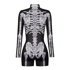 Scary Grey Skeleton 3D Digital Printed High Neck Long sleeve Shorts Bodysuit Halloween Costume N22335