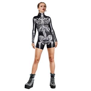 Scary Grey Skeleton 3D Digital Printed High Neck Long sleeve Shorts Bodysuit Halloween Costume N22335