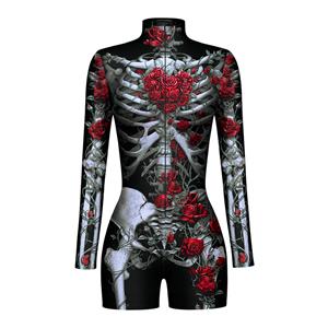 Scary Red Rose Skeleton 3D Digital Printed High Neck Long sleeve Shorts Bodysuit Halloween Costume N22336