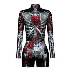 Scary Red Rose Skeleton 3D Digital Printed High Neck Long sleeve Shorts Bodysuit Halloween Costume N22336