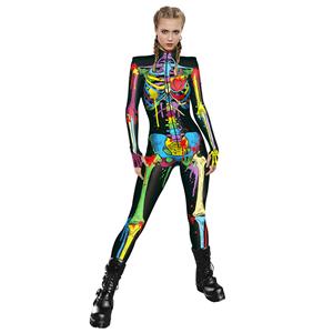 Scary Multiple Colors Bone 3D Digital Printed Unitard Skeleton High Neck Bodysuit Halloween Costume N22315